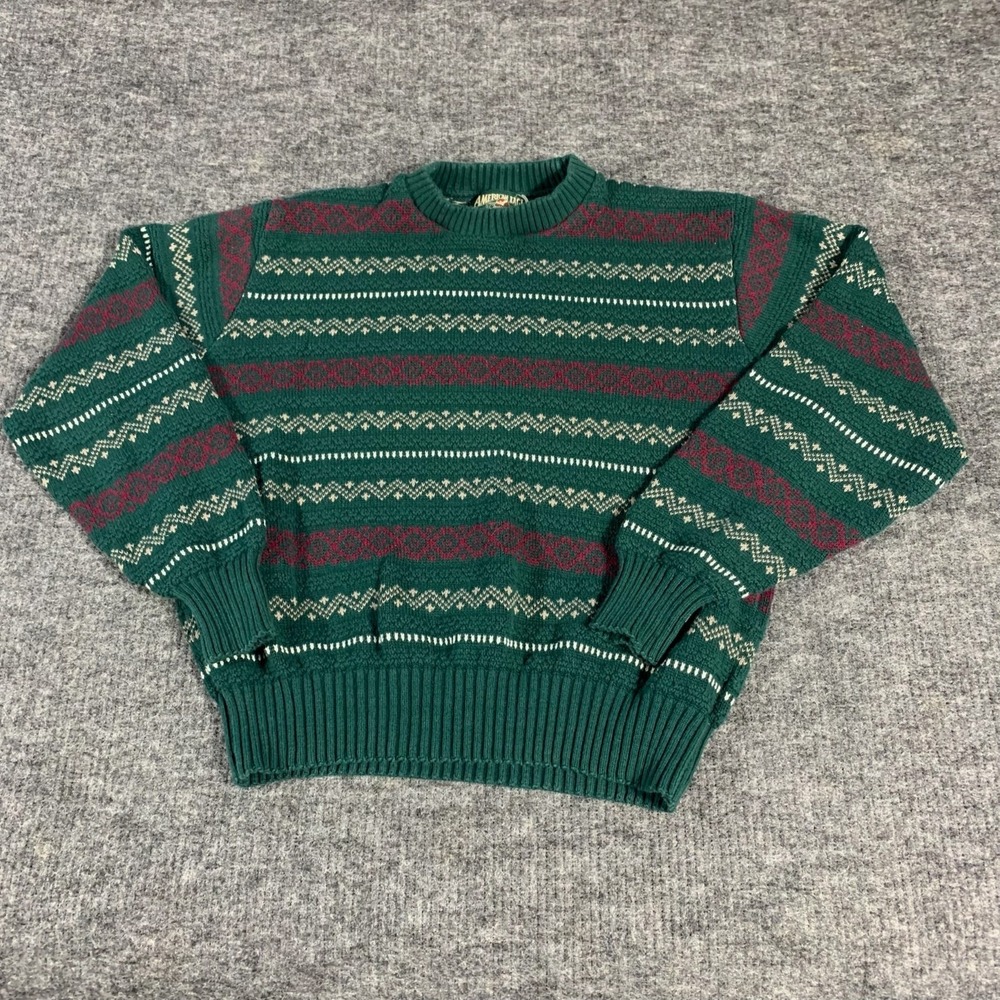 VTG American‎ Eagle Sweater Mens Medium Green Fair Isle Nordic Outdoors USA 90s